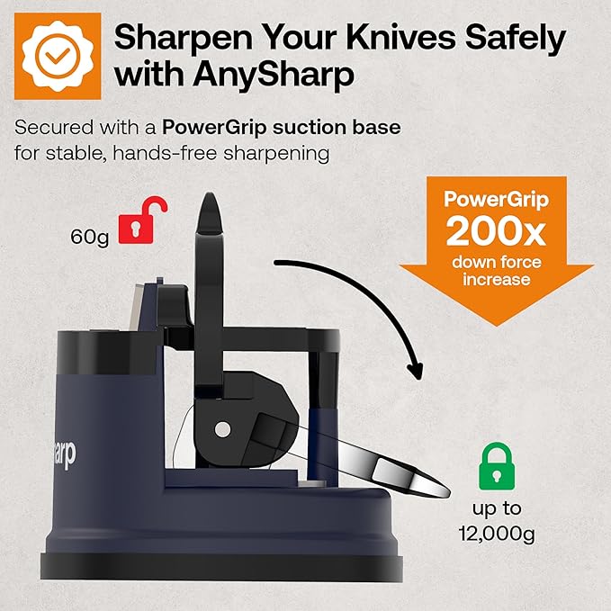 AnySharp – Editions – Hands Free Knife Sharpener - Easy to Use Sharpening Tool with PowerGrip Suction Base and 20-Degree Pre-Set Angle - for All Knives: Chef's, Serrated, and Hardened Steel - Navy - Image 4