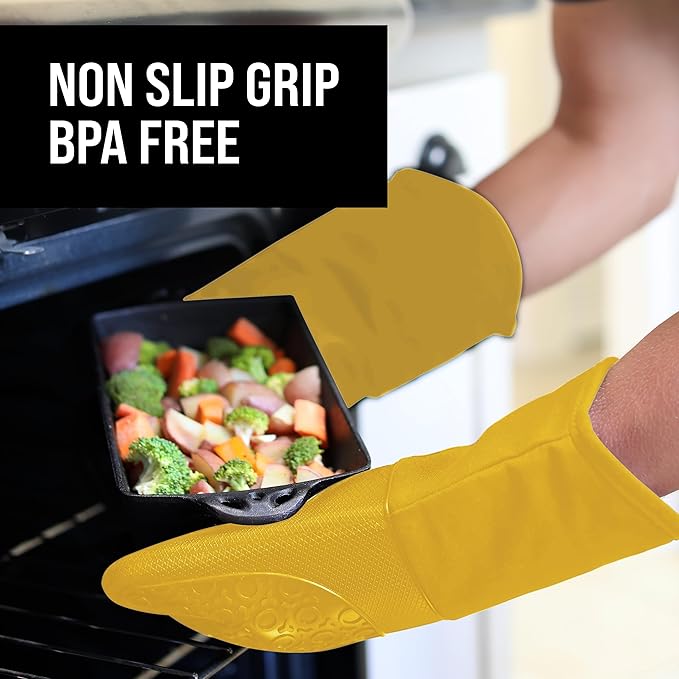 BPA-Free Soft Silicone Oven Mitts - Ultra Heat Resistant Oven Mitts with Thick Cotton Liner - Long Slip Resistant Pot Holders, Flexible Oven Gloves - Yellow 13.7" - Image 5