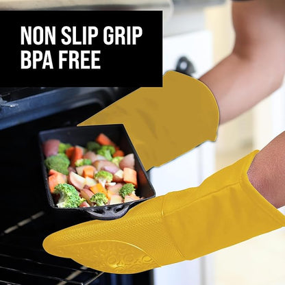 BPA-Free Soft Silicone Oven Mitts - Ultra Heat Resistant Oven Mitts with Thick Cotton Liner - Long Slip Resistant Pot Holders, Flexible Oven Gloves - Yellow 13.7" - Image 5