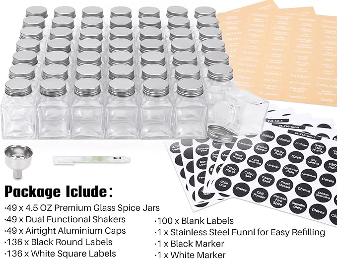 MIUKAA 49-Pack Cube Glass Spice Jars with 372 Labels, 49 Shakers, Lids, 4.5 oz Empty Square Spice Bottle, Reusable Clear Kitchen Spice Storage Containers - Image 2