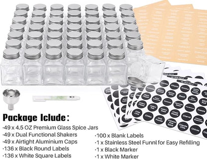 MIUKAA 49-Pack Cube Glass Spice Jars with 372 Labels, 49 Shakers, Lids, 4.5 oz Empty Square Spice Bottle, Reusable Clear Kitchen Spice Storage Containers - Image 2