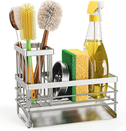 Cisily Sink Caddy Sponge Holder for Kitchen with Brush Holder and Stainless Steel Self Drain Tray, Rustproof Kitchen Sink Organizer for Sponge, Soap Dispenser Storage Accessories (Stainless Steel) - Image 8