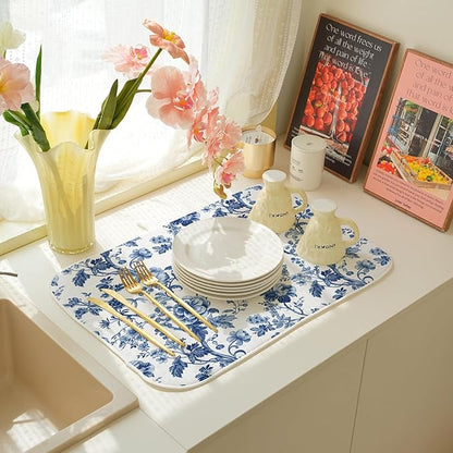 Blue Floral Dish Drying Mat 18 x 24 Inch Vintage Navy Blue Floral Drying Mat for Kitchen Counter Absorbent Spring Summer Flower Dishes Dry Pad for Drainer Rack Kitchen Fast Dry