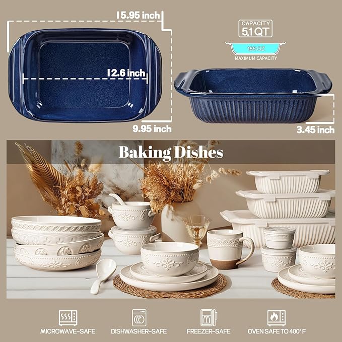 Artena Baking Dish 5.1 Quarts, Casserole Dishes For Oven, Baking Pan With Handles, Lasagna Pan Deep, Large Casserole Dish, Rectangular White Ceramic Bakeware, Blue (Only Baking Dish) - Image 2