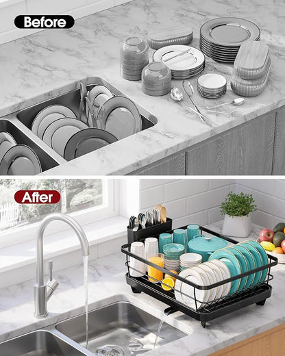 Sakugi Stainless Steel Dish Drying Rack for Kitchen Counter, Sink Organization and Storage Essentials with Silverware & Utensil Holder, Home and Apartment Decor, 12''W x 15.5''L, Black - Image 7