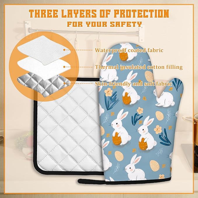 Easter Oven Mitts and Pot Holders Set,Cute Rabbit Kitchen Decor Heat Resistant Non Slip Hot Pads and Oven Mitt for Chef Cooking Baking BBQ Mom Girl Gifts(4 Piece Set)