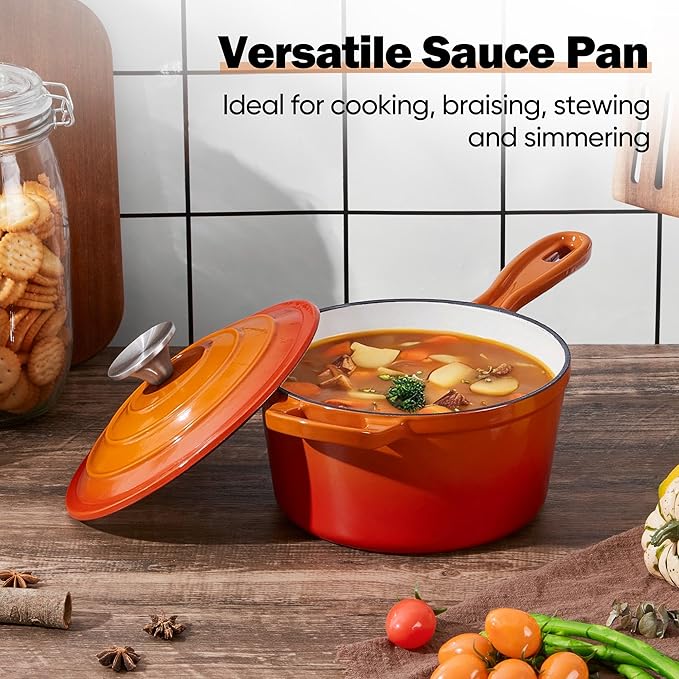 Homikit Small Cast Iron Pot, 2 QT Enameled Cast Iron Sauce Pan with Lid, Heavy Duty Enamel Dutch Oven Kitchen Cookware for Making Pasta, Boiling Soup, Warming Milk, Nonstick & Oven Safe, Flame Orange