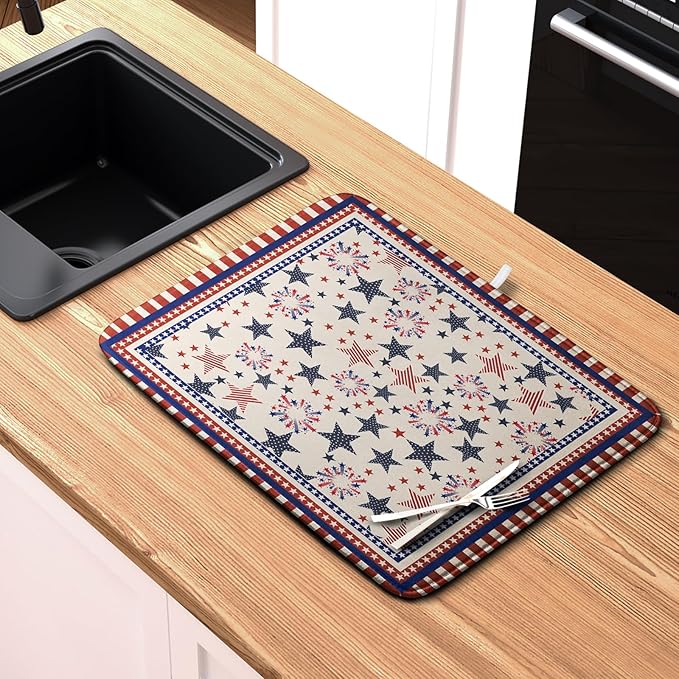 Happy 4th of July Patriotic Dish Drying Mat 18 x 24 Inch US Independence Day Vintage Star Kitchen Drying Mat Blue White Red Dish Drainer Mats Super Absorbent Dish Rack Pad for Coffee Bar Sinks - Image 6