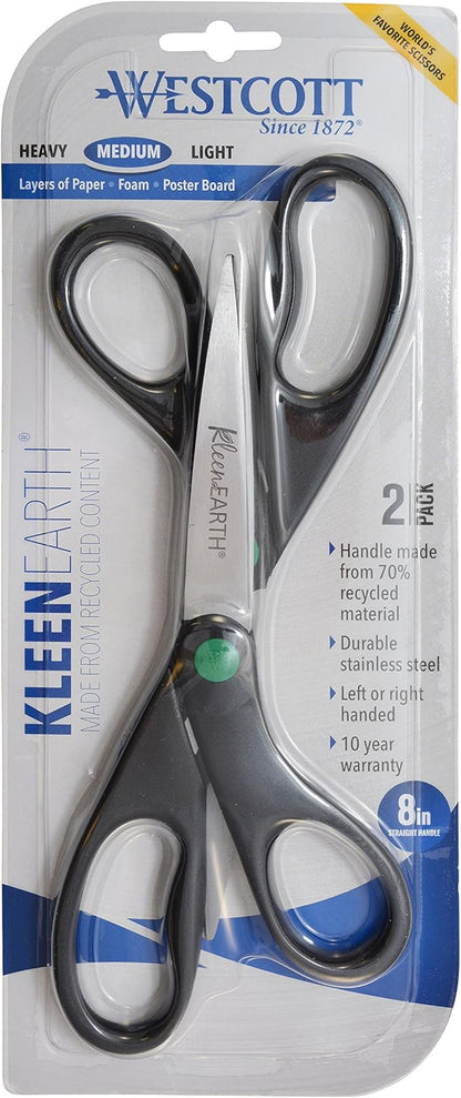 Westcott 15179 8-Inch KleenEarth Recycled Scissors For Office and Home, Black, 2 Pack