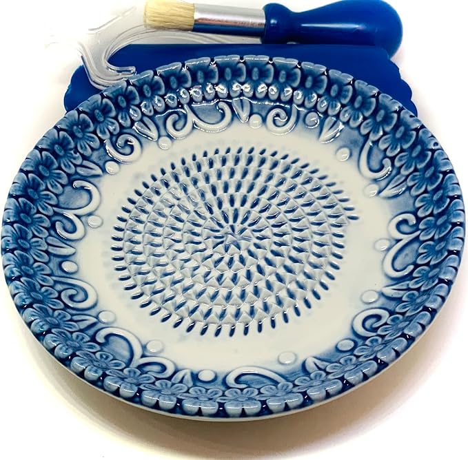 BonCera, All-in-one Premium Ceramic Garlic Grater Plate 4-Piece Set - Blue Embossed Design and Style - For Garlic, Ginger, Chocolate, and more! - Comes with 5.25" Plate, Peeler, Brush, and Stand - Image 2