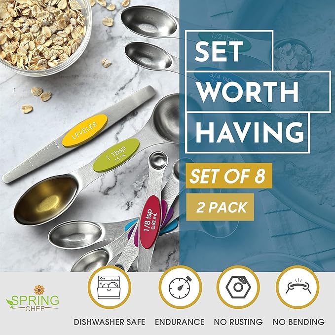 Spring Chef Multicolor Stainless Steel Magnetic Measuring Spoons Set of 8 with Leveler, Nesting Metal Teaspoon & Tablespoon Measuring Spoons, Kitchen Gadgets for Baking & Cooking - 2 Pack - Image 2