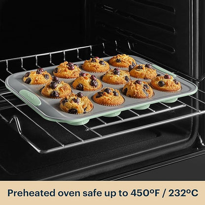 Pyrex 3-Piece Metal Cookie & Muffin Sheet Bakeware Set, Lightweight Stainless Steel Baking Trays with Heatsafe Silicone Handles, Cookie Muffin Sheet Baking Pan, Sage