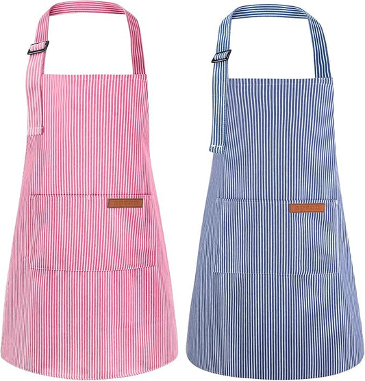 2 Pack Stripes Kids Apron, Kids Cooking Aprons with 2 Pockets, Cute Aprons for Cooking for Boys and Girls