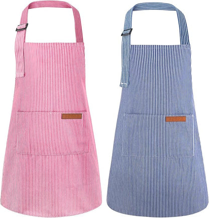 2 Pack Stripes Kids Apron, Kids Cooking Aprons with 2 Pockets, Cute Aprons for Cooking for Boys and Girls