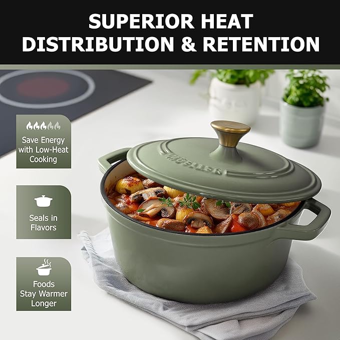 MUELLER HOME 6 Quart Enameled Cast Iron Dutch Oven For Sourdough Bread Baking, Heavy-Duty, Oven-Safe up to 500° F & Across All Cooktops, Casserole Dishes, Green Kitchen Accessories, Thyme Green - Image 4