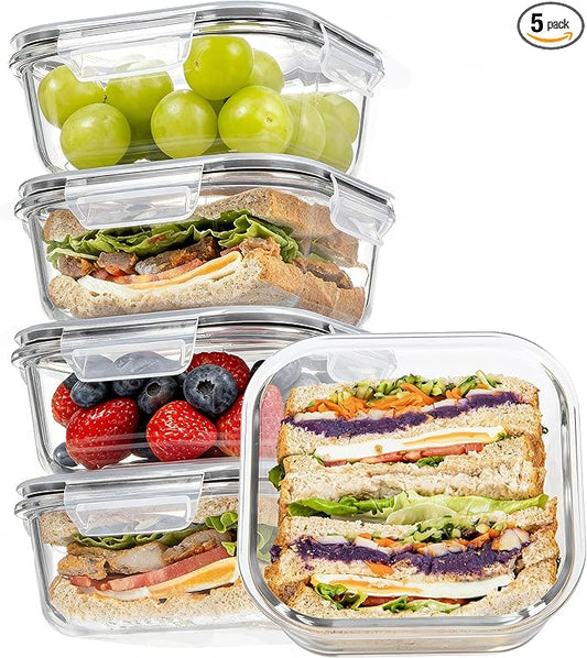Vtopmart 5Pack 27oz Glass Storage Containers with Lids, Glass Meal Prep Food Container Sets, Sandwich Containers with Snap Airtight Lids for Microwave, Oven, Freezer and Dishwasher, Grey by Vtopmart