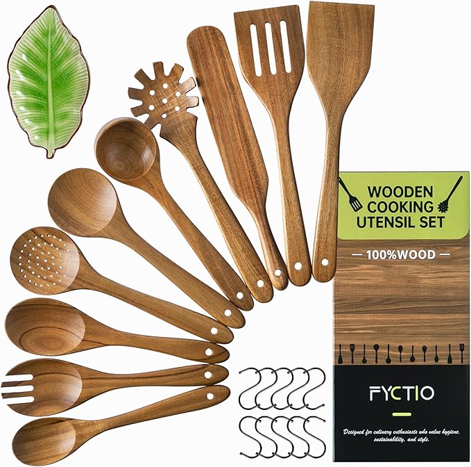 Wooden Utensil Set 11 Pcs - Natural Non-Toxic Acacia Wooden Spoons for Cooking, Nonstick, Sturdy, Easy to Clean, Wood Kitchen Utensils Set with Ceramic Spoon Rest & 10 Hooks, Ideal for Gifting