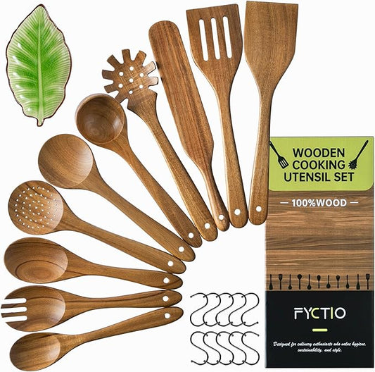 Wooden Utensil Set 11 Pcs - Natural Non-Toxic Acacia Wooden Spoons for Cooking, Nonstick, Sturdy, Easy to Clean, Wood Kitchen Utensils Set with Ceramic Spoon Rest & 10 Hooks, Ideal for Gifting