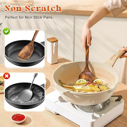 2Pcs Wooden Spatula, Acacia Solid & Slotted Turner Spatula Set, Long Handle Flat Frying Spatulas, Ideal Kitchen Gift for Mother and Grandma, Kitchen Utensils Set for Cooking, Frying, Baking - Image 5