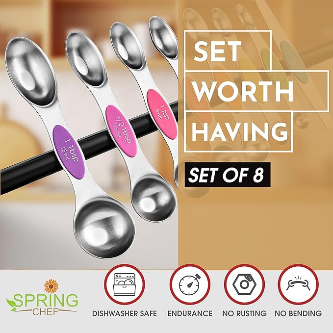 Spring Chef Stainless Steel Magnetic Measuring Spoons Set of 8 with Leveler, Nesting Metal Teaspoon & Tablespoon Measuring Spoons, Kitchen Gadgets for Baking & Cooking, Fits in Most Spice Jars - Neon - Image 2
