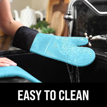 BPA-Free Soft Silicone Oven Mitts - Ultra Heat Resistant Oven Mitts with Thick Cotton Liner - Extra Long Slip Resistant Pot Holders, Flexible Oven Gloves - Aqua/Black 14.7" - Image 6