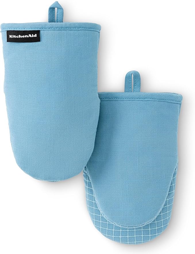 KITCHENAID Gourmet Series Gridlines Mini Oven Mitts 2-Pack Set, Heat Resistant up to 600°F, Soft Silicone Grip, Magnetic Cuff, Blue Velvet, 5.5"x9" by KitchenAid