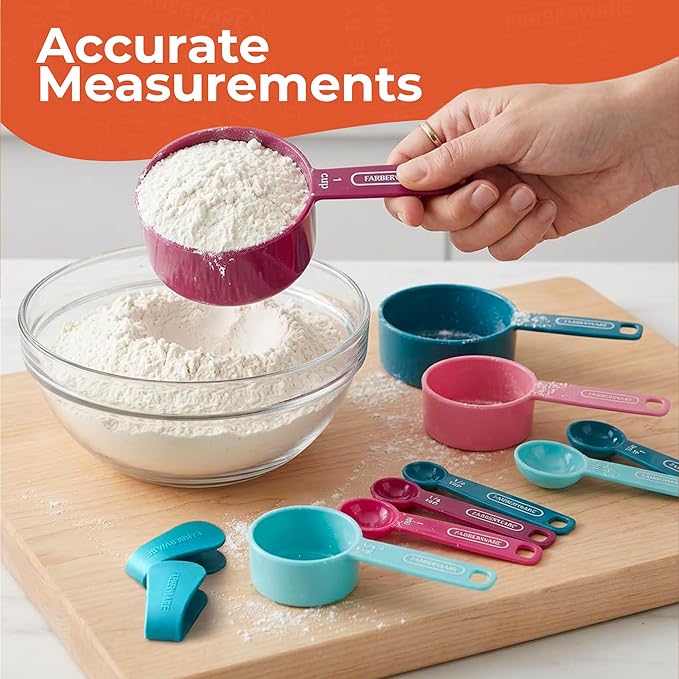 Farberware Kitchen Basics Measuring Cup & Spoon Set, 9-Piece Colorful Nesting Design with Easy-to-Read Markings - Stackable Cooking & Baking Tools with Ring Organizer, Dishwasher Safe Plastic - Image 4