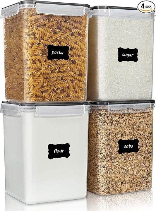 Vtopmart 4 PCS Large Food Storage Containers 5.2L / 175oz, 4 Pieces BPA Free Plastic Airtight Canisters for Flour, Sugar, Baking Supplies, Rice with Lids, 4 Measuring Cups and 24 Labels, Black by Vtopmart
