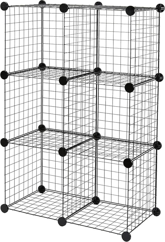 Amazon Basics 6-Cube Wire Grid Stackable Storage Organizer, Metal Shelving Unit, No-Tool Assembly, 26"W x 38"H x 12.6"D, Black by AmazonBasics