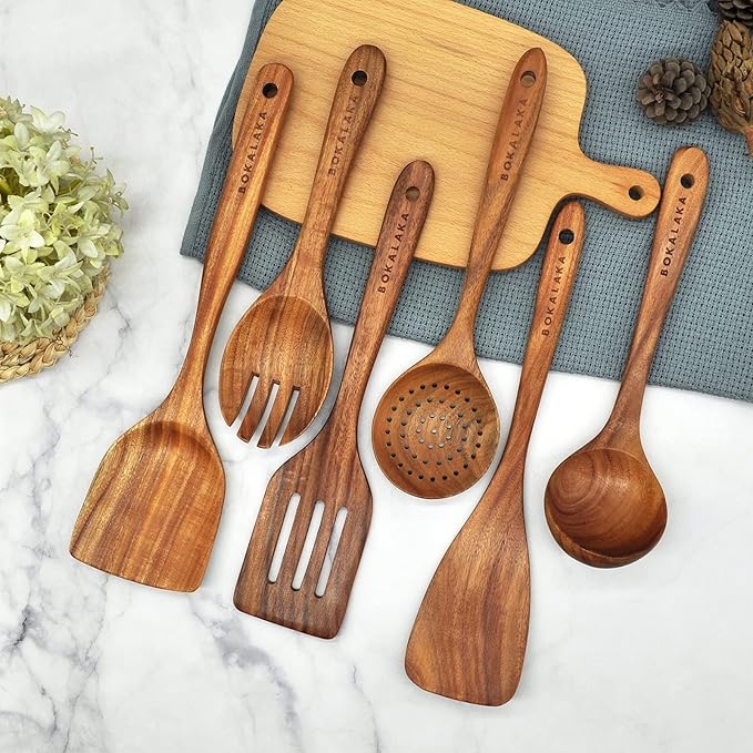 GreyWooden Kitchen Utensil Set, 6Pcs Wooden Cooking Utensils for Non-Stick Pan, 100% Natural Teak Wooden Spatula - Image 3