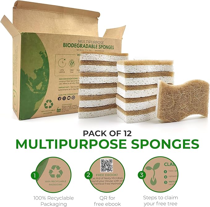 AIRNEX Natural Kitchen Sponges (12 Pack) - Biodegradable Cellulose & Coconut Scrubber Dish Sponges for Kitchen - Eco-Friendly, Non Scratch, Compostable, Non Toxic S-Shaped Natural Sponges for Dishes - Image 4