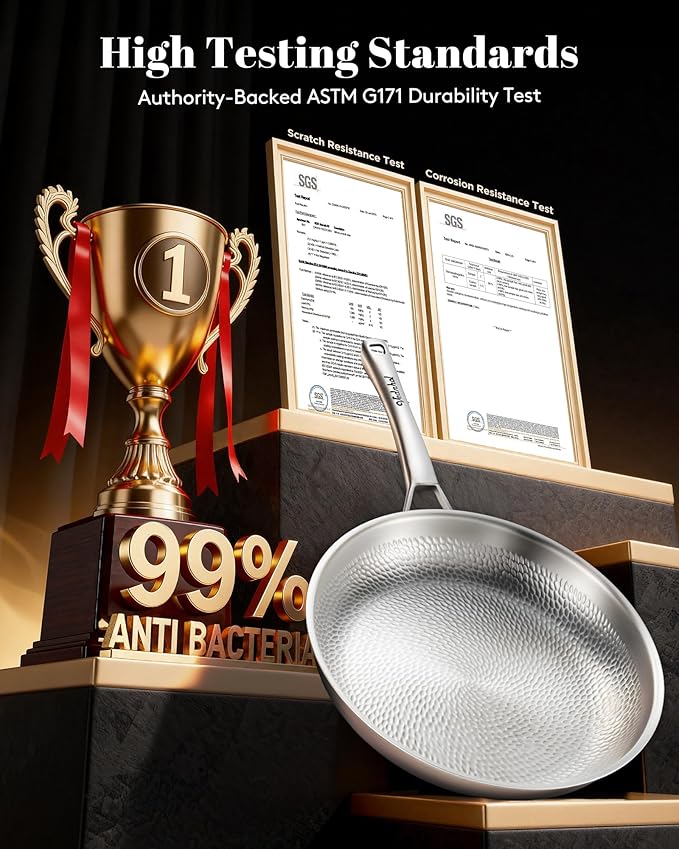 Titanium Pan, 12 Inch Pure Titanium Hammered Pro frying pan with Lid, Non-Toxic Skillet for Cooking, PFAS/PFOA/PTFE Free Cookware, Dishwasher&Oven Safe, Kitchen Induction Compatible - Image 5