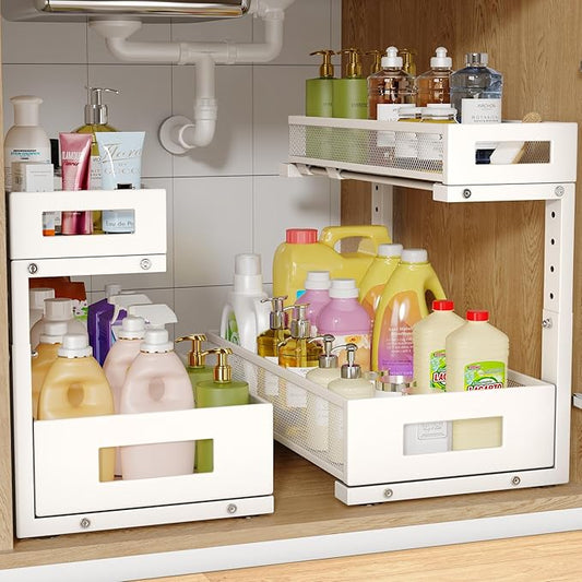 2 Pack 17IN Depth Under Sink Storage Organizer, Large 2-Tier Elegant Mesh Pull Out Shelf for Kitchen and Bathroom Cabinet Organization, L-Shaped and Adjustable Height Design-White by UnderSinkOrganizer