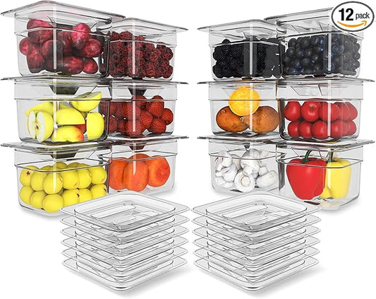 Plastic Clear Food Pan 1/6 Size Stackable Polycarbonate Pan with Capacity Indicator Restaurant Commercial Hotel Pans for Fruits Vegetables Beans Corns (12 PCS, 2.5'' Deep)