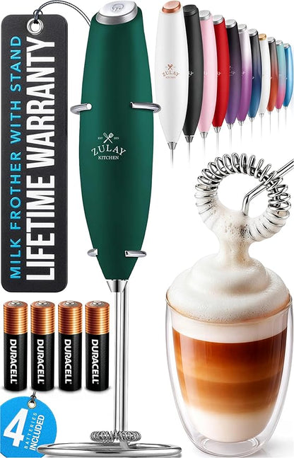 Zulay Kitchen Powerful Milk Frother Wand With 4 AA Duracell Batteries - Ultra Fast Handheld Drink Mixer - Electric Whisk Foam Maker for Coffee, Lattes, Cappuccino, Matcha & Creamer - Dark Green by ZulayKitchen