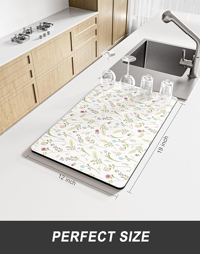 Rnivvi Dish Drying Mat for Kitchen Counter, 12 x 19" Cute Flower Theme Super Absorbent Draining Pad, Non-Slip Heat Resistant Coffee Bar Mat for Coffee Machine Station Accessories, White Dish Rack Pad - Image 2
