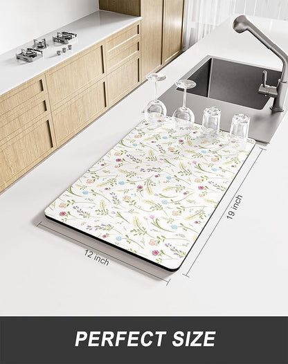 Rnivvi Dish Drying Mat for Kitchen Counter, 12 x 19" Cute Flower Theme Super Absorbent Draining Pad, Non-Slip Heat Resistant Coffee Bar Mat for Coffee Machine Station Accessories, White Dish Rack Pad - Image 2
