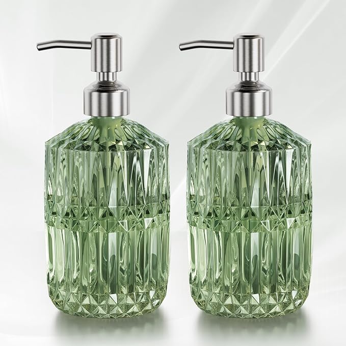 AmazerBath Soap Dispenser, 2 Pack Green Glass Soap Dispenser with Pump Stainless Steel, 14.2OZ Refillable Hand Soap Bottles Bathroom Kitchen by AmazerBath