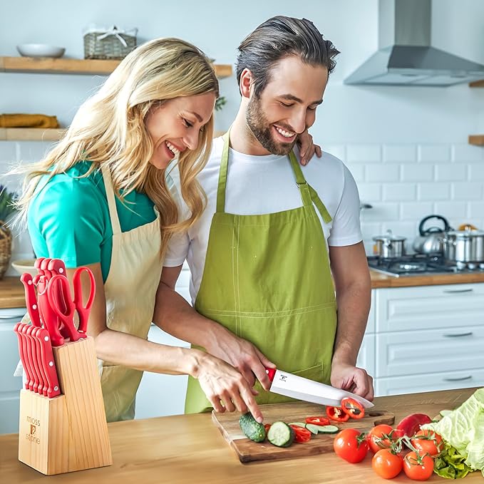 Moss & Stone 14 Pcs Knife Block Set Stainless Steel, Premium Forged Kitchen Knives Set with High-Carbon Blades, Ergonomic Handle, Sharp Blade, Rust Resistant, Modern Style for Home & Chef, Red - Image 7
