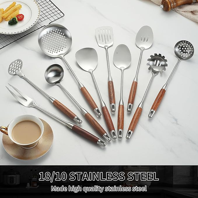 Izurok 18/10 Stainless Steel Kitchen Utensils Set,10 Piece Cooking Utensils With Wood Handle,Heat Resistant Kitchen Tool Set With Spatula,Spoon,Ladle,Skimmer,Slotted Turners,Pasta,Turner,Ladl,Fork - Image 6