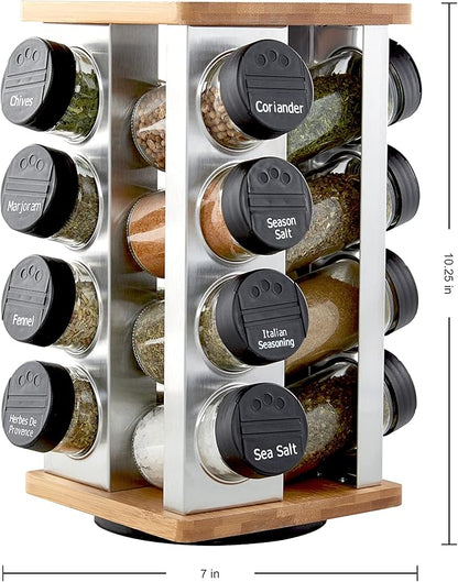 Kamenstein 16 Jar Warner Revolving Countertop Spice Rack Organizer with Lift & Pour Caps and Spices Included, FREE Spice Refills for 5 years, Stainless Steel & Bamboo with Black Caps - Image 2