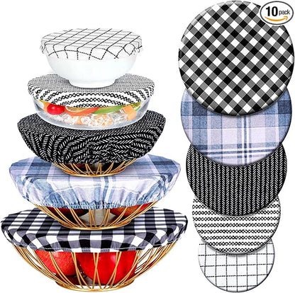 Patelai 10 Pcs Bowl Covers Reusable in 5 Size Stretch Cloth Fabric Elastic Food Storage Bowl Covers Bread Sourdough Lids for Proofing Food Fruits Leftover(Black, White, Blue,Plaid Style) by Patelai