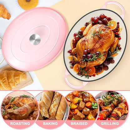 E-far 7QT Oval Dutch Oven Pot with Lid, Enameled Cast Iron Dutch Oven with Dual Handles, Heavy-Duty Cookware for Sourdough Bread Baking, Braising, Stews, Oven Safe & Easy Clean, Pink