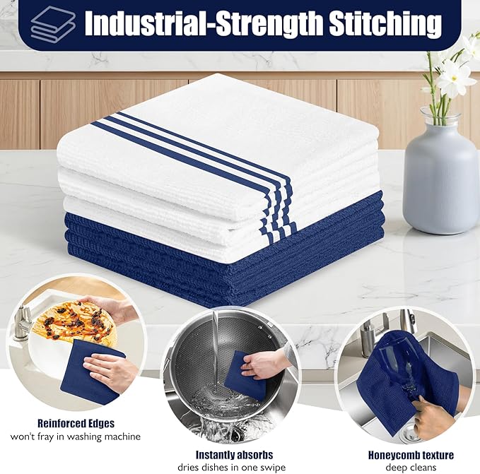 Oven Mitts and Pot Holder Sets with Silicone Grip, 500°F Heat Resistant-6 Pack Dishcloth/Dish Towels for Kitchen 100% Cotton-Value Kitchen Essentials for Cooking, Baking, Grilling-Marine Blue - Image 4