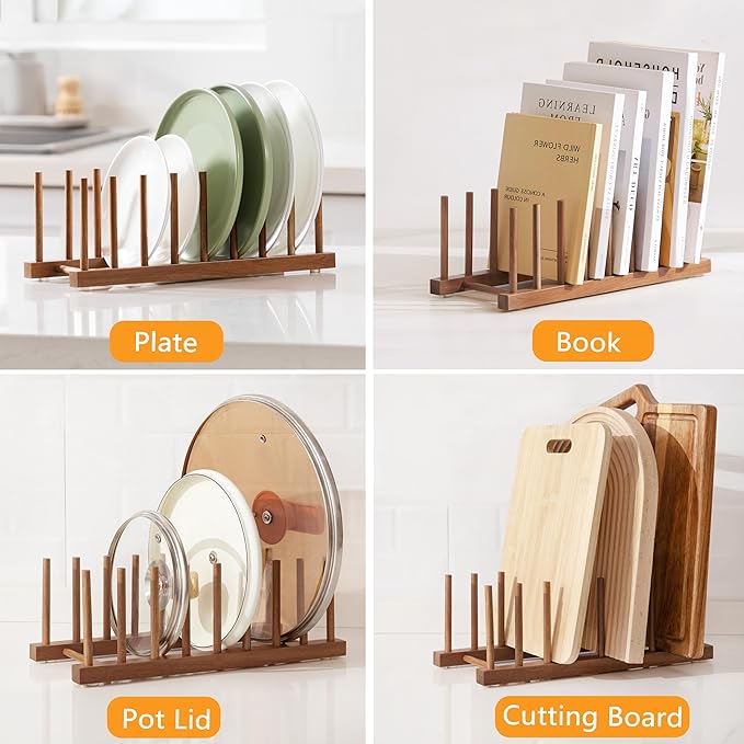 HBlife 4pcs Acacia Wooden Dish Dying Rack Pot Lid Plate Organizer Holder for Cabinet, Cutting Board Stand Drainer Storage Plate Rack for Dish, Pot Lid, Bowl, Cup, Cutting Board and Books - Image 8