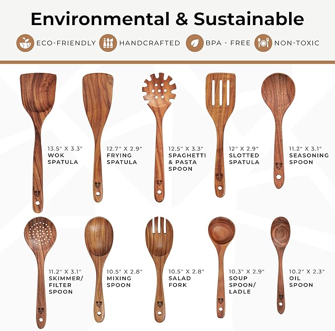 Wooden Spoons for Cooking – 10 Pcs Teak Wood Utensil Set, Durable, Nonstick Safe & Heat Resistant with Ergonomic Handles - Image 4