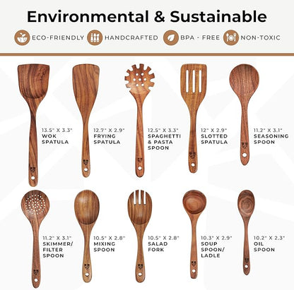 Wooden Spoons for Cooking – 10 Pcs Teak Wood Utensil Set, Durable, Nonstick Safe & Heat Resistant with Ergonomic Handles - Image 4