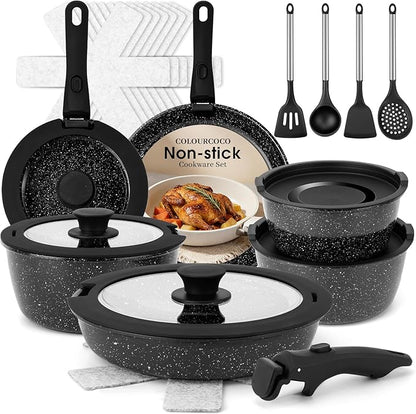 Pots and Pans Set - Non Stick 25 Pieces Cookware Set Pots and Pans with Detachable Handles, Includes Pans, Pots, Utensils, Trivets for Hot Dishes, Lids, Space-Saving Cookware by Colourcoco