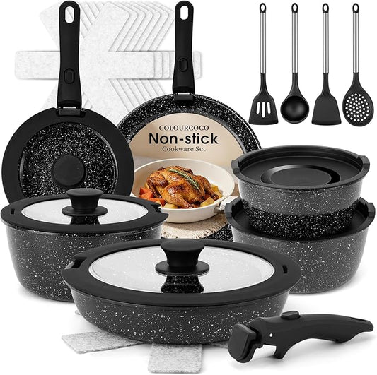 Pots and Pans Set - Non Stick 25 Pieces Cookware Set Pots and Pans with Detachable Handles, Includes Pans, Pots, Utensils, Trivets for Hot Dishes, Lids, Space-Saving Cookware by Colourcoco