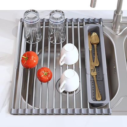 JASIWAY Roll Up Dish Drying Rack, Expandable (12.8"-23.8" D x 12.8" W) Stainless Steel Portable Drainer for Kitchen Sink Counter, Foldable Over The Sink Cover with Removable Utensil Holder by JASIWAY